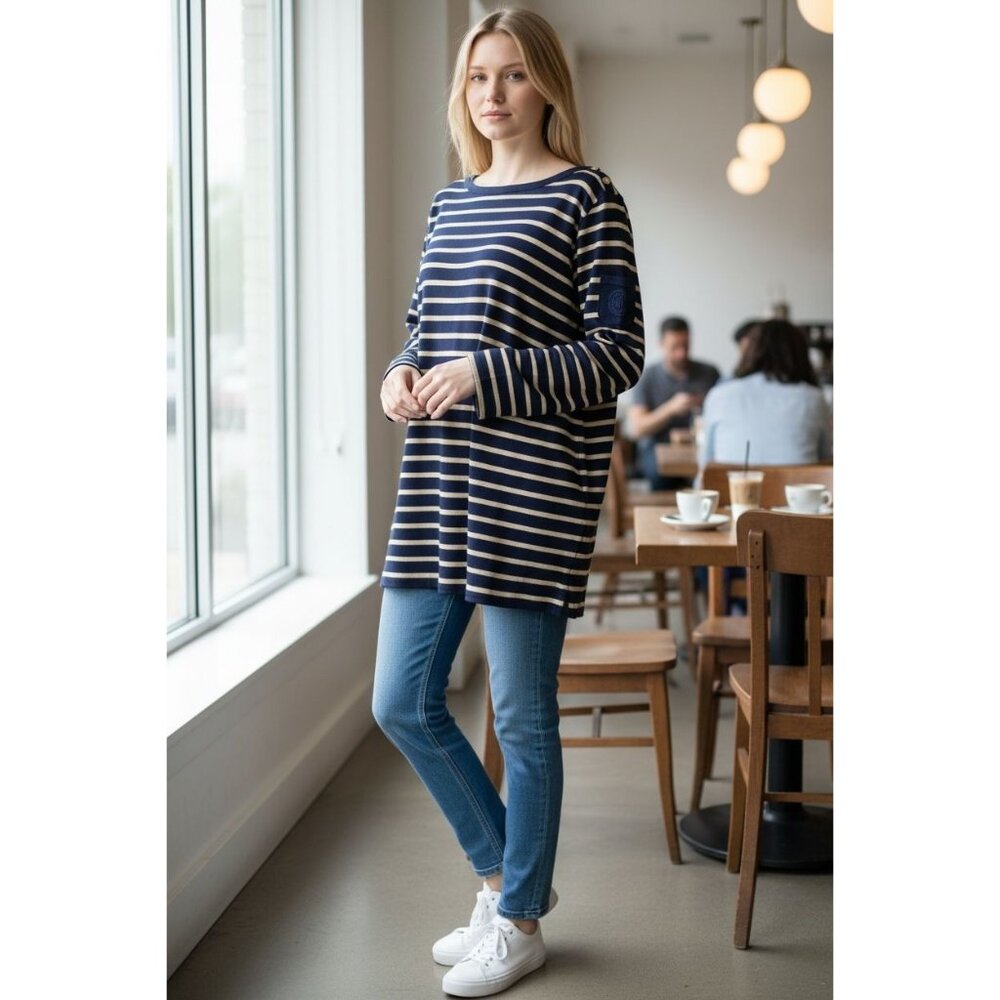 NEW Lauren Ralph Lauren Womens 2X Blouse Blue Gold Striped 3/4 Sleeve Top Tunic